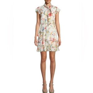 Alice + Olivia Leslie Tie-Neck Floral Print Silk Ruffle Dress Whimsy Womens 8?
